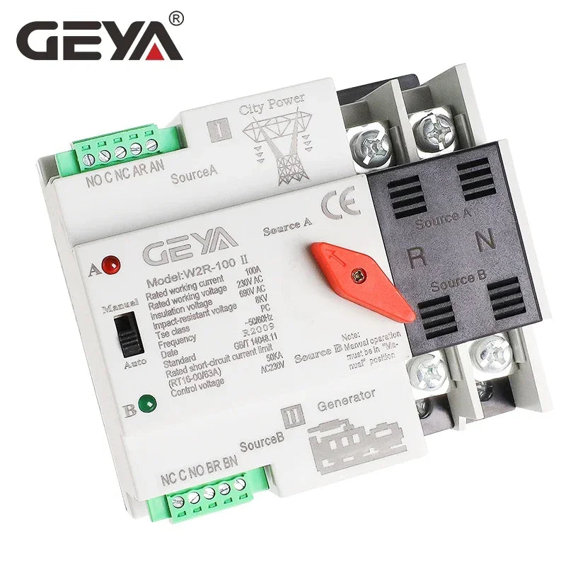 Geya W2G 2P Dual Power Auto Transfer Switch, designed for automatic power transfer in dual power systems, featuring a compact and efficient design.