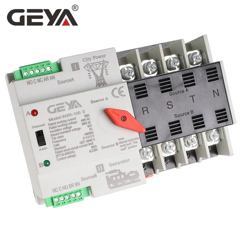 Geya W2G 4P Dual Power Auto Transfer Switch, highlighting its features and design for automatic power switching in four-pole systems.