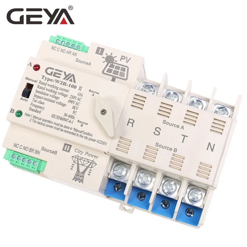 GEYA W2R 4P Solar Power Automatic Transfer Switch designed for reliable automatic power transfer in solar energy systems, ensuring uninterrupted power supply