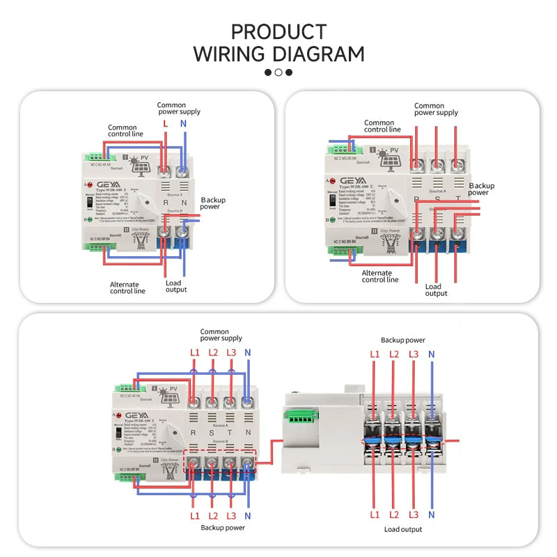 Wiring diagram for the GEYA W2R Solar Power Automatic Transfer Switch, illustrating the connections and setup for efficient solar power management